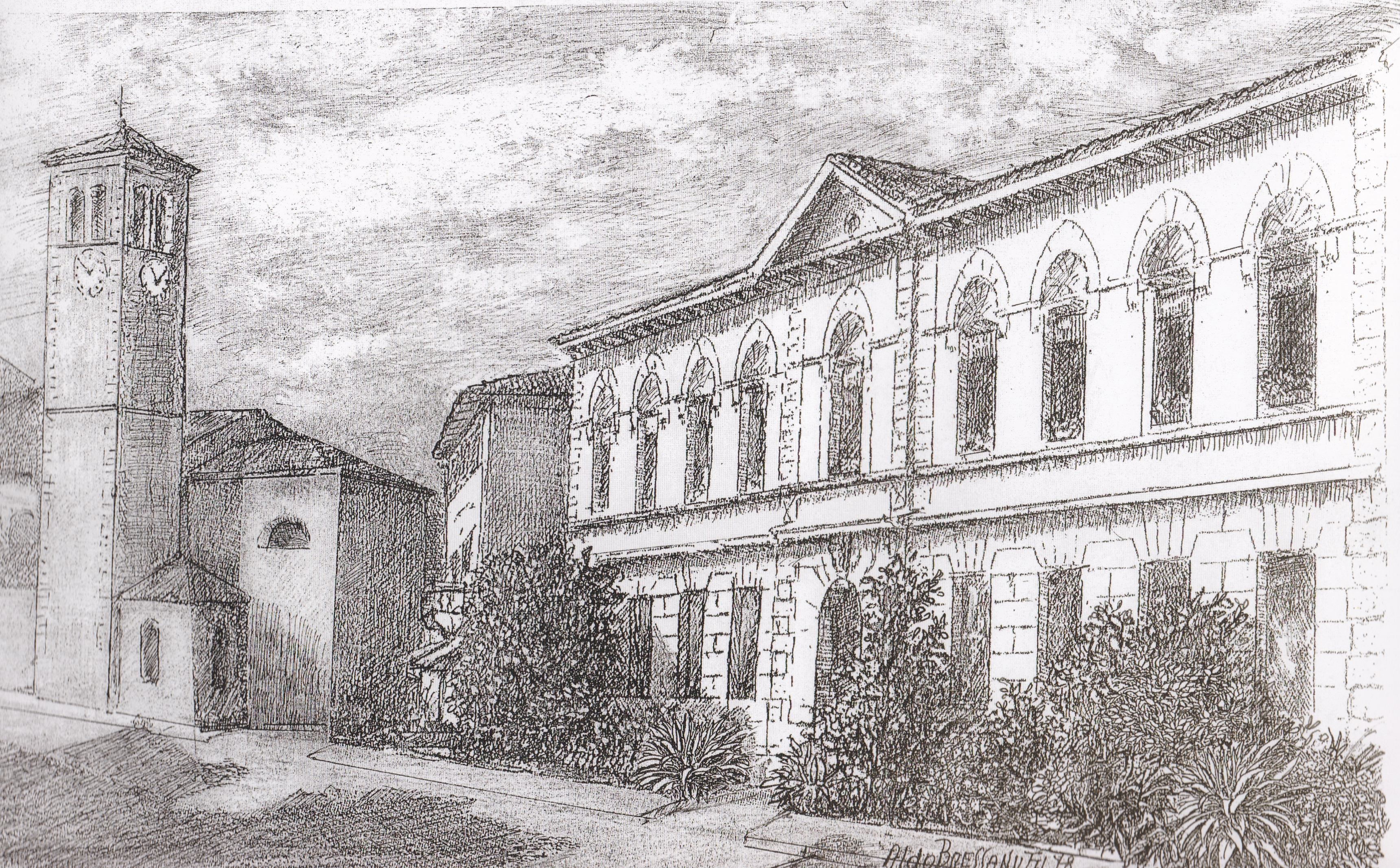 Turriaco: Chiesa e Scuola, oggi Municipio  (disegno di A. Bressanutti)